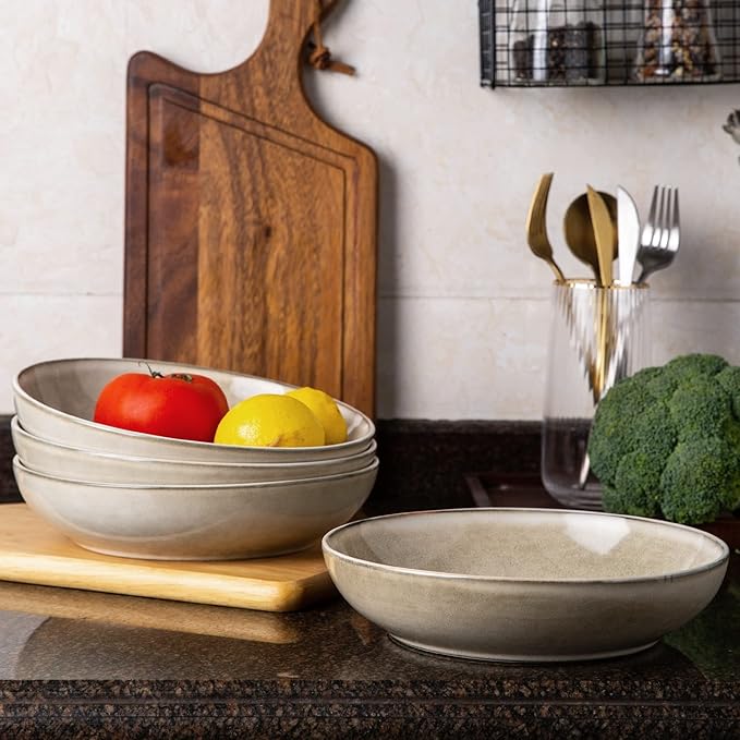 AmorArc Ceramic Dinnerware Sets with Pasta Bowl Handmade Reactive Glaze Plates and Bowls SetsHighly Chip and Crack Resistant | Dishwasher &amp Microwave Safe Dishes Set Service for 4 (16pc)