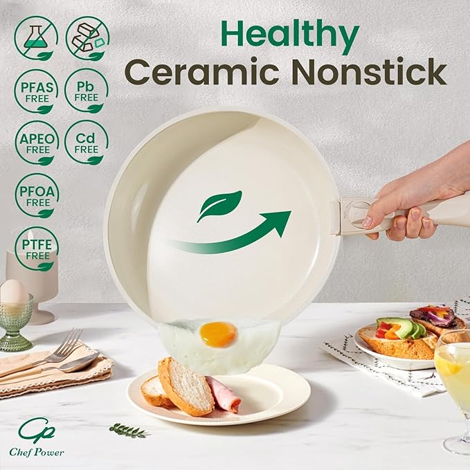 Chef Power Ceramic Cookware Set Non Toxic with Detachable Handles Healthy Nonstick Pans and Pots Set 19 Pcs Induction Dishwasher Oven Safe Kitchen Set PFAS PFOA &amp PTFE Free Cream White