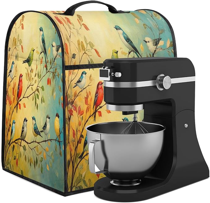 Kitchen Aid Mixer Cover Color Birds Leaves Animal Stand Mixer Cover Compatible with 6-8 Quarts Stand Mixers Dust Covers with Zipper Pocket Foldable Washable Kitchen Aid Organizer Bag