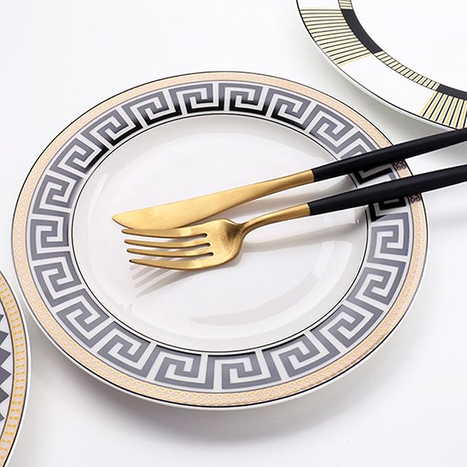 Luxury Dinnerware Set for 6 24 Pieces Black and Gold Striped Dishes Set with Teacup snd Saucer Bone China Plate Sets for Brunch Housewarming Anniversary Present