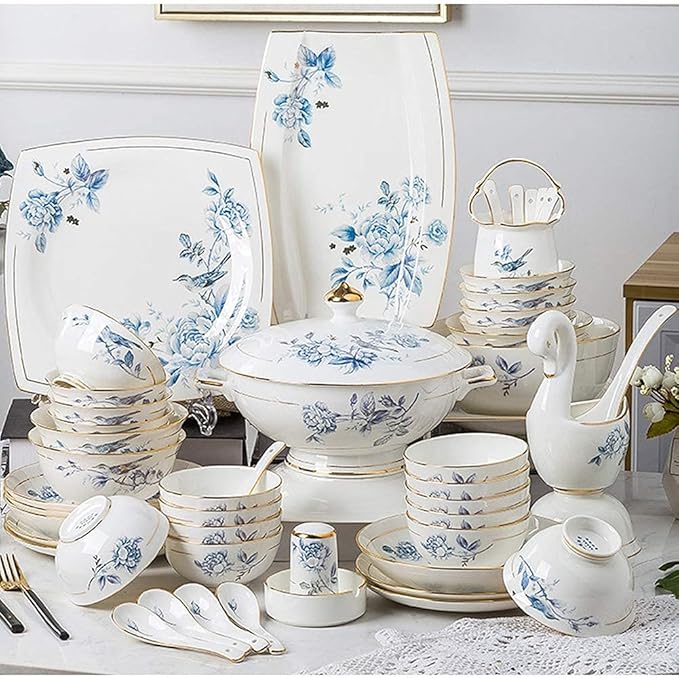 65 pcs Dinnerware Set Serves for 10 People Line Drawing Decoration Bone China Tableware SetPremium Quality Porcelain Dishes/Plate/BowlDishwasher &amp Microwave SafeBlue (63pcs Serves for 10)