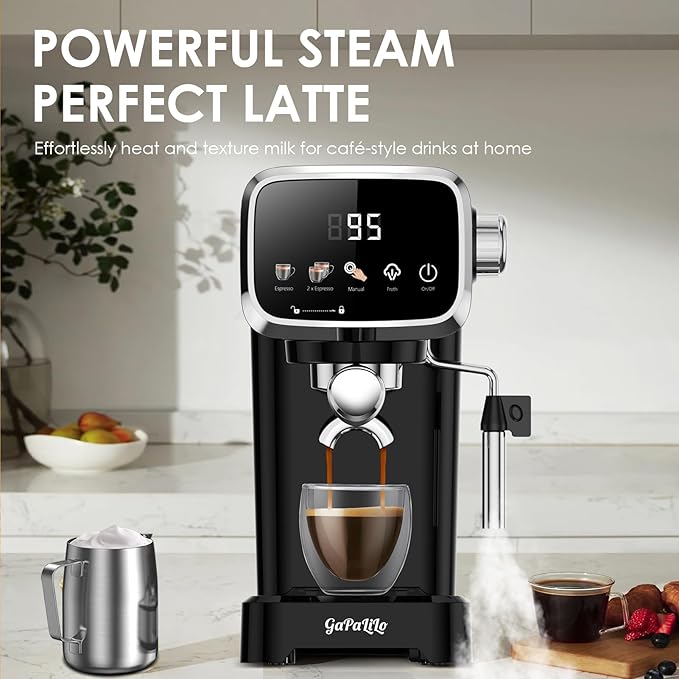 Slim Design 20 Bar Espresso Machine with Milk FrotherSecure Child Lock Digital Temperature Display &amp 43oz Removable Tank Compact Home Coffee MakerBlack