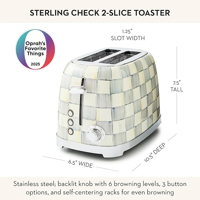 MACKENZIE-CHILDS 2-Slice Toaster Decorative Toaster for Kitchen Gray-and-White Sterling Check