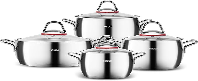 Karaca Emirgan 8-Piece Cookware Set Made of Steel Pot Set Cookware Set Cookware Sets Stainless Steel Suitable for Induction with Glass Lid and Stainless Steel Pot Set