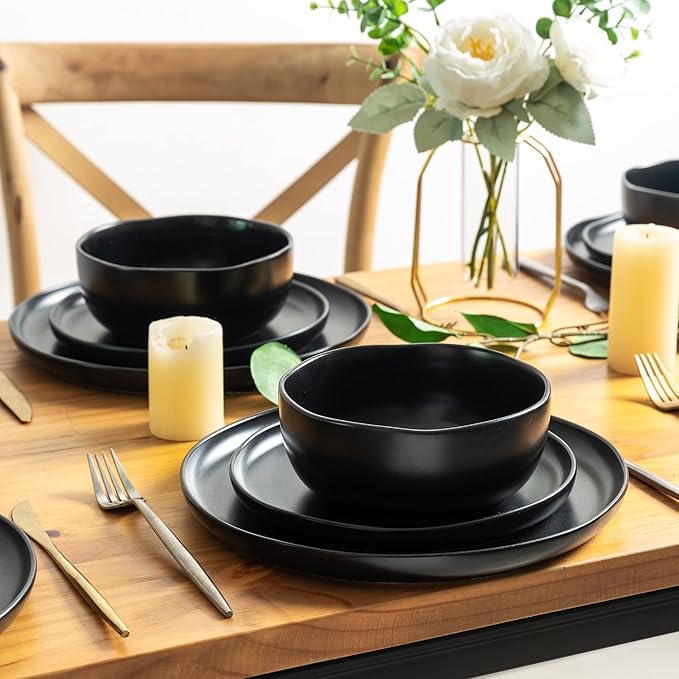 AmorArc Ceramic Dinnerware Sets Wavy Rim Stoneware Plates and Bowls SetsDishwasher &amp Microwave &amp Oven Safe Dishes set Service for 4 (12pc)-Mix Color