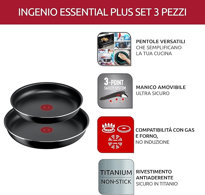 Lagostina Ingenio Essential Plus Non-Stick Aluminium Cookware and Pan Set for Gas and Oven 3 Pieces Frying Pans Ø 24 and 28 cm and Removable Handle
