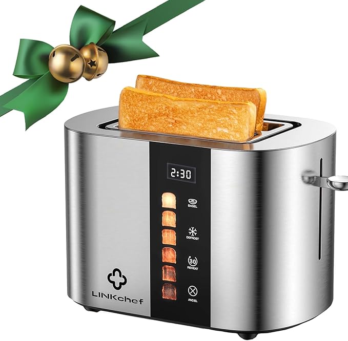 LINKChef 2 Slice Toaster Extra-Wide 1.5 Slots Touch Screen Control | Stainless Steel Bagel/Defrost/Reheat Functions