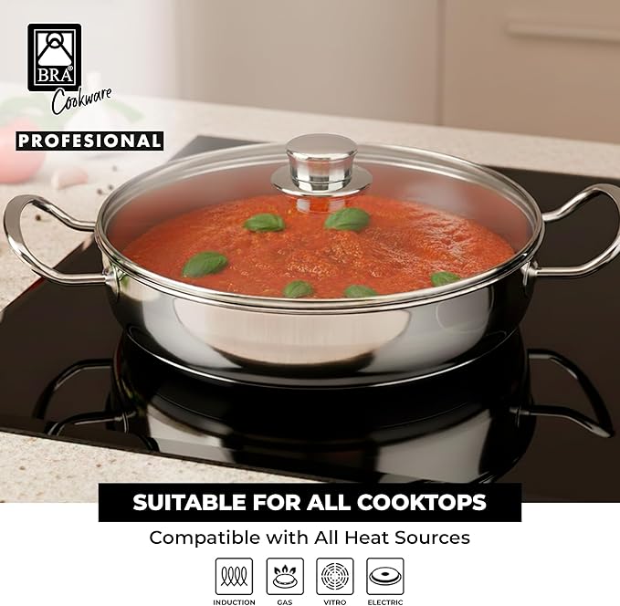 BRA COOKWARE Profesional 8-Piece Stainless Steel Cookware Set | Professional Pots &amp Pans Set | Kitchen Set w/ 2 Pots 1 Sauté Pan 2 Frying Pans 3 Lids | All Heat Sources Compatible | PFOA Free