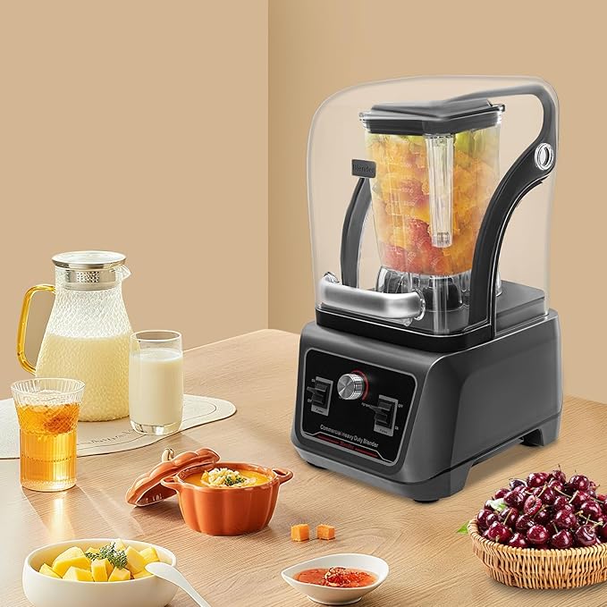 Soundproof Cover Blender With Shield Quiet Sound Enclosure 2200W Commercial Smoothie Maker Countertop Blender Fruit Food Mixer Soy milk Juicer Processor (Black)