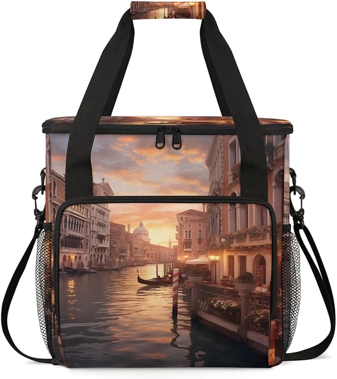 Water City Landscape Coffee Maker Travel Bag for Keurig K-Mini/K-Mini Plus Insulated Waterproof Tote with Pockets for K-Cup Portable Single-Serve Brewer Case