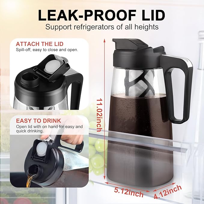 Sivaphe Large Ice Cold Coffee Maker 64 oz Dishwasher Safty Traitan Carafe Pitcher Leak Proof Iced Hot Coffee/Tea Brewer Method 2 Quart with Reusable Filter