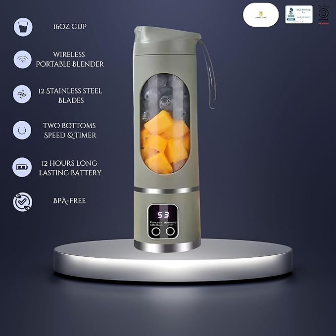 Paramexview® Portable Blender 16oz/500ml for Juices &amp Smoothies with 12 Stainless Steel Blades | USB Rechargable &amp 3 Levels Multi-Speed Control | 50W Powered fusion Portable Blender