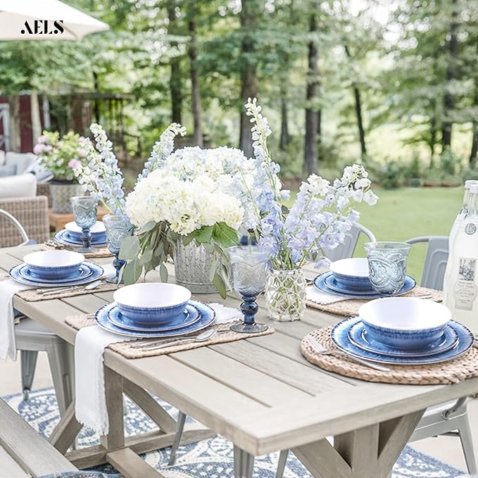AELS Melamine Dinnerware Set of 18 Pcs Dinner Dishes Set for Indoor and Outdoor Use Dishwasher Safe Lightweight Unbreakable BPA Free (Navy Service for 6 (18pcs))