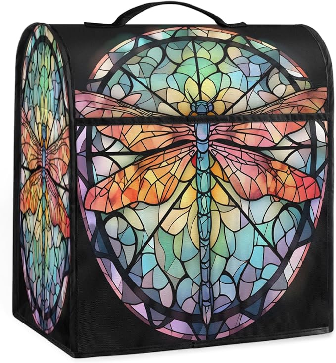 Kitchen Aid Mixer Cover Glass Painting Animal Dragonfly Stand Mixer Cover Compatible with 6-8 Quarts Stand Mixers Dust Covers with Zipper Pocket Foldable Washable Kitchen Aid Organizer Bag