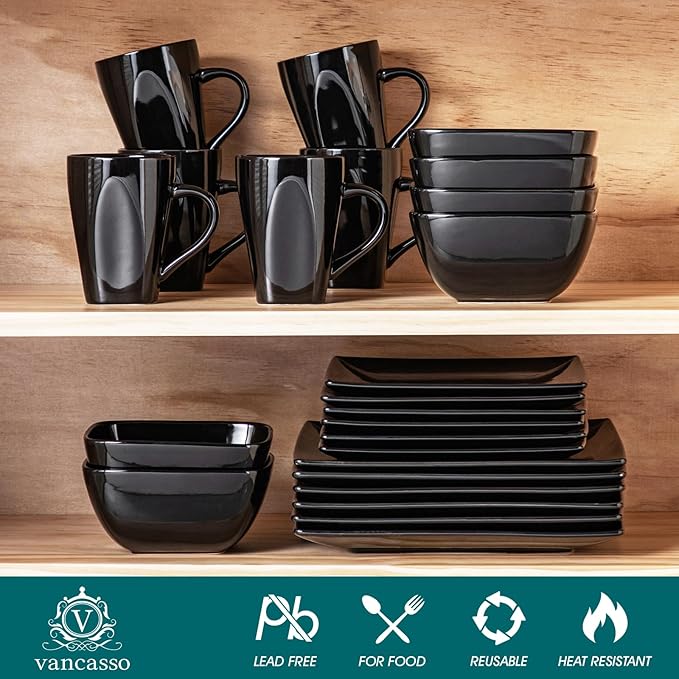 vancasso Soho Dinnerware Sets 24 Pieces Black Stoneware Square Place Setting Dinner Plate Cups and Plates Sets for Kitchen Dish Set for 6