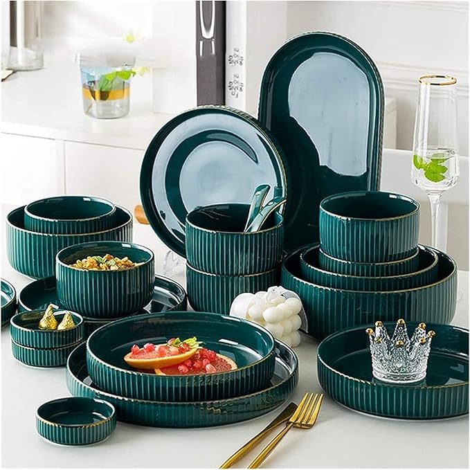Dinnerware Sets - Luxury Dishes Service Set Ceramics Dinner Sets Bowl/Dish/Spoon|Green Gold Rim Pattern Dinnerware Set Porcelain Combination Set