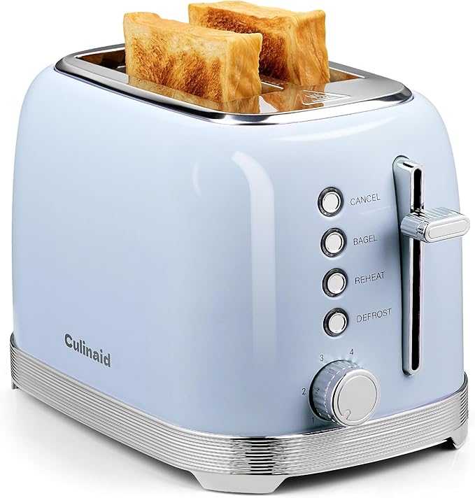 Toaster 2 Slice Retro Stainless Steel with 1.5” Extra Wide Slots Bagel Defrost Reheat Cancel Functions 6 Bread Shade Settings Removable Crumb Tray Blue