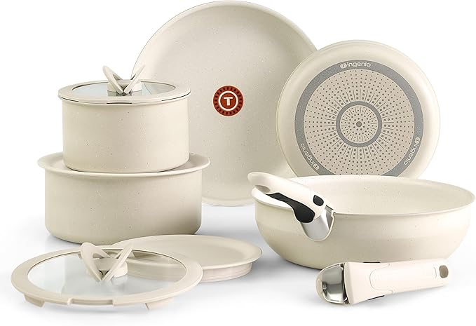 T-fal Ingenio Essentials Cookware Set with Detachable/Removable Handle 11 Piece Granite Titanium Non Stick Oven Broiler Safe 500F Stackable Pots and Pans Set Frying Pans Dishwasher Safe Beige