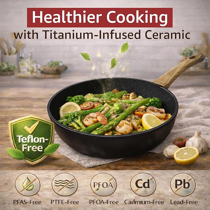 23-Piece Pots and Pans Set Non StickTitanium Ceramic Cookware Set Non ToxicLong-LastingPFAS FreeInduction CompatibleComplete Kitchen Set with 3 Frying Pans for All Cooking needs