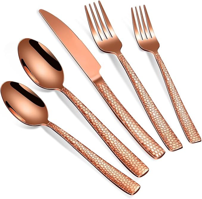 40-Piece Silverware Set Rose Gold Hammered Stainless Steel Flatware Sets for 8 Food-Grade Tableware Set Including Fork Knife Spoon Set Home Kitchen Cutlery Sets Dishwasher Safe