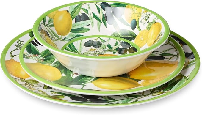 Limone 12-Piece Melamine Dinnerware Set - Citrus-Inspired Service for 4 Durable Shatterproof Dishwasher-Safe Plates and Bowls for Everyday Dining Outdoor Use and Entertaining