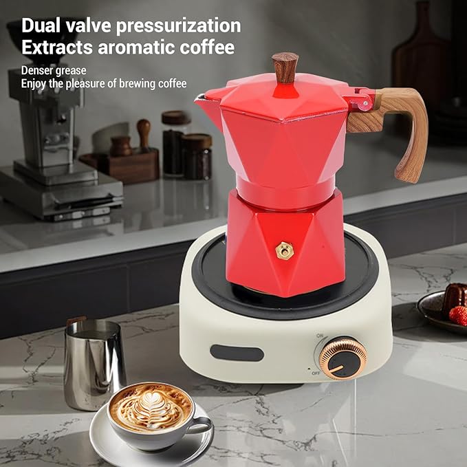 Yosoo Food Safe Anodized Aluminum Italian Coffee Maker with Dual Valve Design 2 Cup Stovetop Coffee Maker Pot for Cuban Cafe Brewing Home Camping (Red)