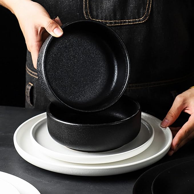 16-Piece Dinner Sets Black White Porcelain Dinnerware Set Service for 4 Frosted Dinnerware Kitchen Ceramic Dinsh Set - 4 X Dinner Plates/Salad Plate/Bowls/Taste Dish Daily Us