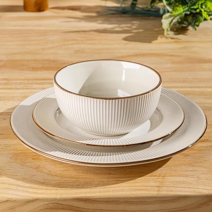 GBHOME Ceramic Dinnerware Sets 36 pcs Embossed Elegant Stoneware Plates and Bowls Sets Housewarming Wedding Gift | Dishwasher &amp Microwave Safe | Dishes Set Service for 12