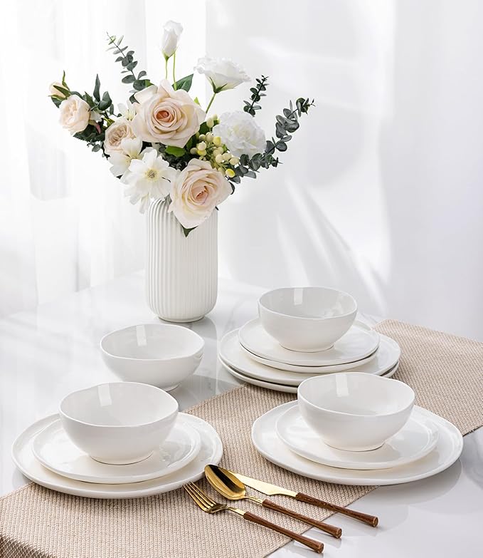 GBHOME Ceramic Dinnerware Sets for 4 12 Pieces Porcelain Lightweight Plates and Bowls Sets Scratch Resistant Dish Set Oven &amp Microwave &amp Dishwasher Safe Angel White