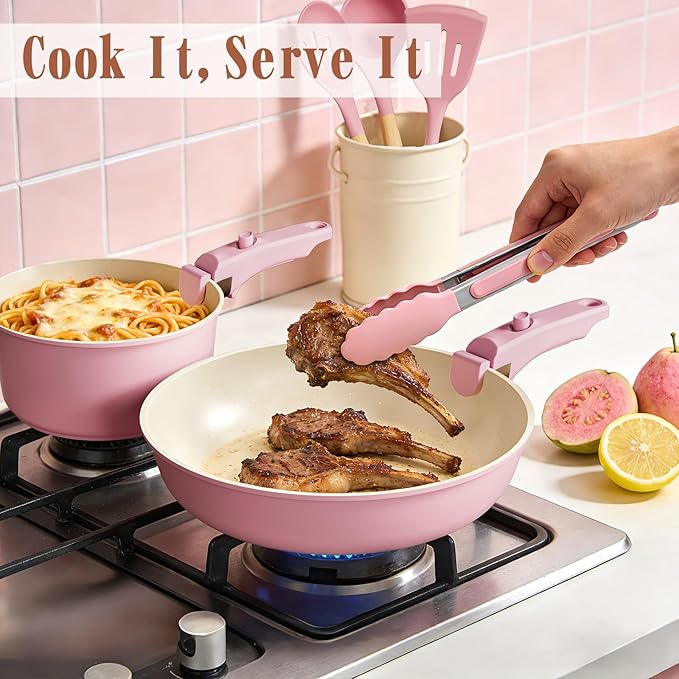 Umite Chef Pots and Pans Set Non Stick 21 pcs Nonstick Ceramic Cookware Set RV Kitchen Cooking Set with Detachable Handles Oven Safe Induction Cookware Stackable Pink PFAS PFOA &amp PTFE Free