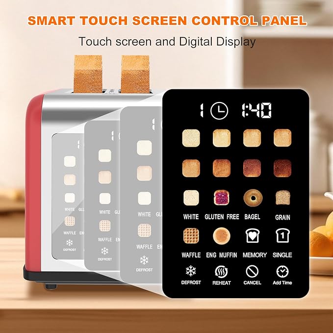 2 Slice Toaster Touch Screen Stainless Steel Toasters Digital Timer 2 Slot Toasters 8 Shade Settings 6 Bread Types for Bagel Cancel Defrost (Red)