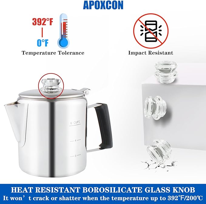 Multi Use Percolator Coffee Pot Stainless Steel Stove Top Coffee Maker with Two Tough Borosilicate Glass Knob Silica Handle Camping Coffee Pot Using on Campfire Stove &amp Induction Cooker Silver 6 C