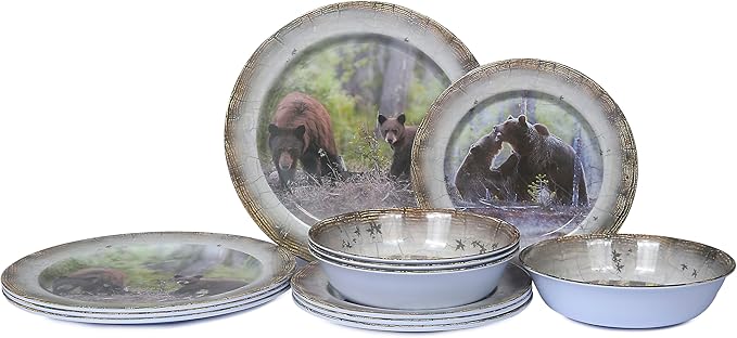 Melamine Dinnerware set for 4 - Dinner Plates Bowls Set 12 PCS Durable BPA Free Dishwasher Safe Shatter-Proof Chip Resistant for Indoor OutdoorBear