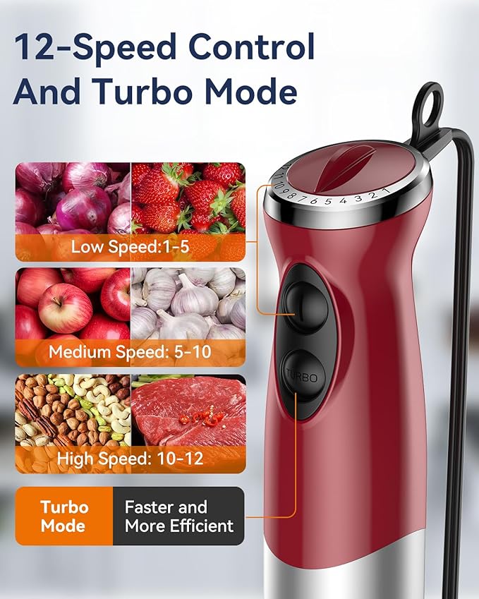 Immersion Blender Handheld 1000W 5 in 1 Corded Stick Hand Blender Kitchen with 12 Speed BPA-Free Mixing Beaker Chopper Whisk Milk Frother Perfect Emulsifier for Soup Baby Food Sauce Puree