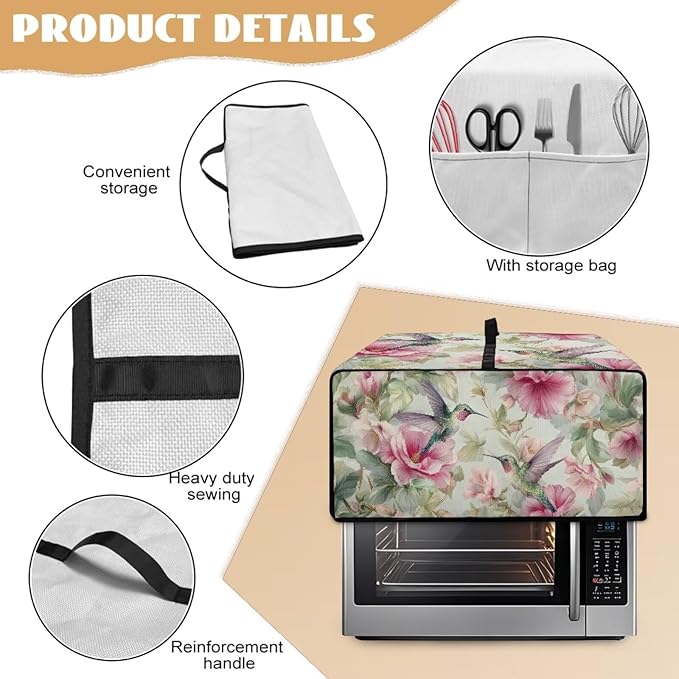 Hummingbird Flower Printed Toaster Oven Dust Cover Heavy Duty Bread Maker Machine Covers with Side Pockets Kitchen Small Appliance Cover S