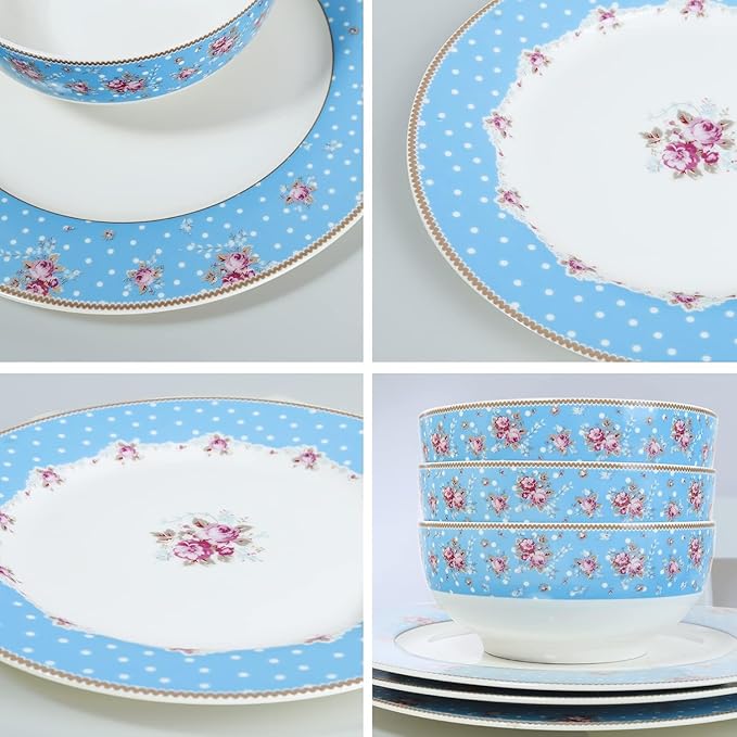 fanquare 12 Piece Dinnerware Set Service for 4 Blue Porcelain Plates Bowls Floral Kitchen Dishes Set White Dot