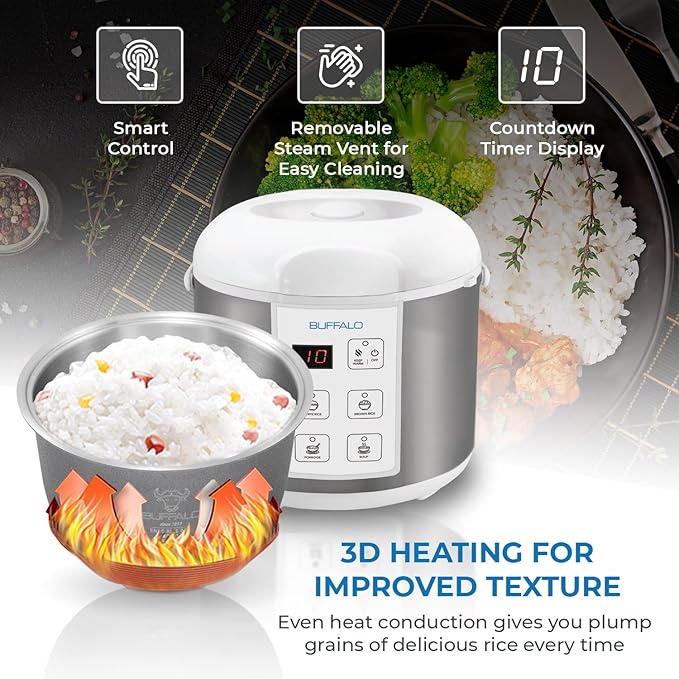 Buffalo Classic Rice Cooker with Clad Stainless Steel Inner Pot - Electric Rice Cooker for White/Brown Rice Grain - Easy-to-clean Non-Toxic &amp Non-Stick Auto Warmer (10 Cup)