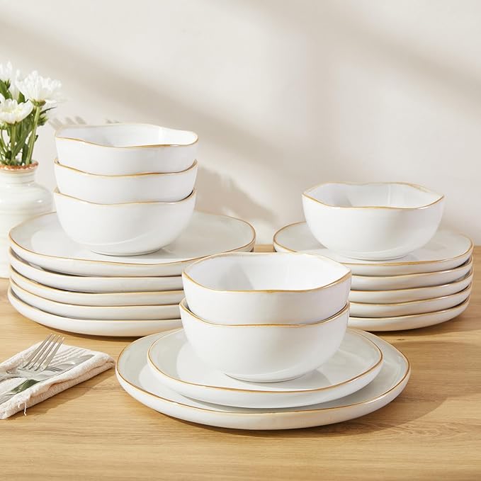 18 Piece White Reactive Glaze Dinnerware Set for 6 Irregular Coastal Shape Stoneware | Elegant &amp Minimal Design for Daily Family Dinners or Weekend Guests