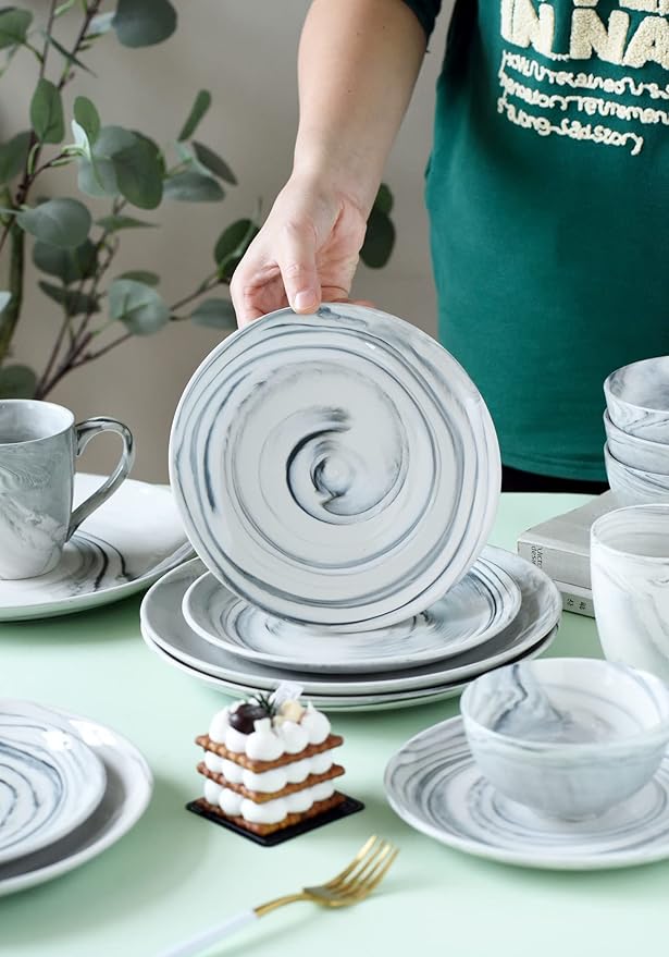 16 Piece Marble Dishes Dinnerware Sets Marble Porcelain Dinnerware Set Grey (4×Dinner Plates 4×Dessert Plates 4×Bowls 4×Mugs 16 Pack)