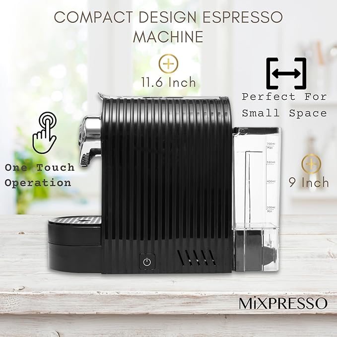 Mixpresso Black Espresso Coffee Machine – Compact 1400W Single Serve Coffee Maker Compatible with Nespresso OriginalLine Capsules One-Touch Operation 19-Bar Italian Pump 27oz Water Tank