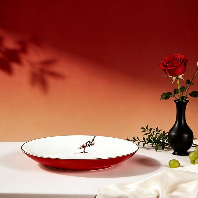 48 Piece Fine Bone China Dinnerware Set Luxury Dinner Set with Elegant Gold Rim (Royal Red)
