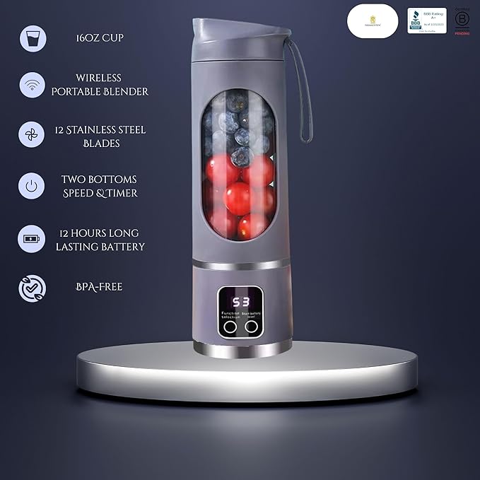 Paramexview® Portable Blender 16oz/500ml for Juices &amp Smoothies with 12 Stainless Steel Blades | USB Rechargable &amp 3 Levels Multi-Speed Control | 50W Powered fusion Portable Blender