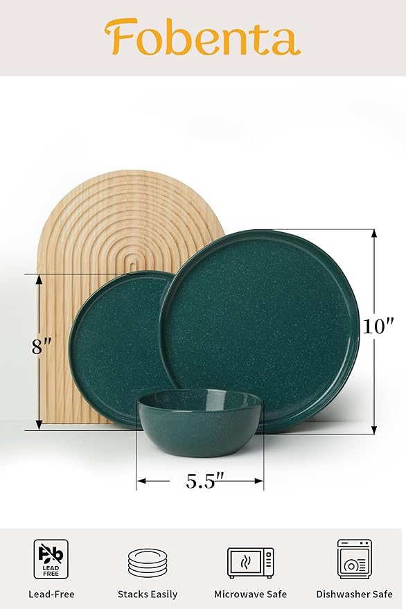 Ceramic Dinnerware Set for 4Reactive Glaze Plates and Bowls SetsMicrowave SafeChip-Resistant Dish SetPerfect for Modern DiningFarmhouse Style (Forest Green Service for 4 (12pcs))