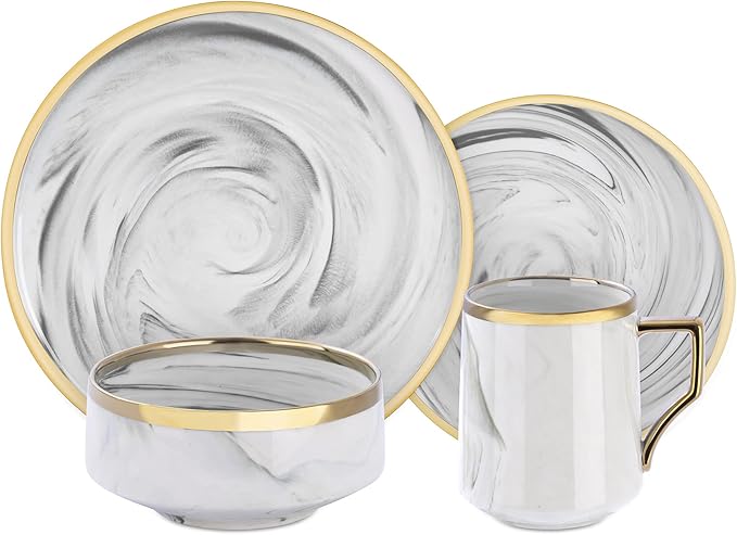 Fine China Artisan Marbled 16pc Dinner Set Grey with Gold Line