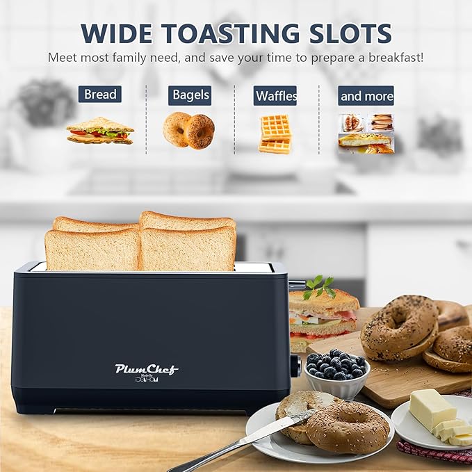 4-Slice Toaster Extra Wide Long Slot Toaster 6 Browning Settings Bagel/Defrost/Reheat Functions Removable Crumb Tray Stainless Steel Housing 1350W Matte Blue