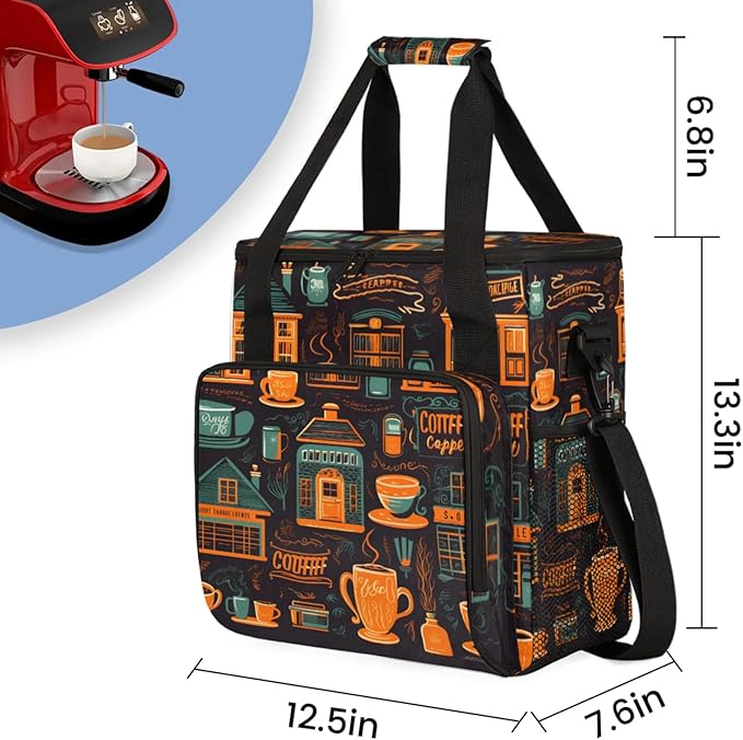 Cafe Life Themed Coffee Maker Travel Bag for Keurig K-Mini/K-Mini Plus Insulated Waterproof Tote with Pockets for K-Cup Portable Single-Serve Brewer Case