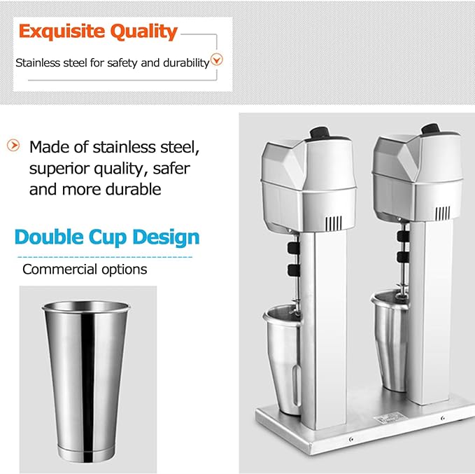 Commercial Milkshake Maker with 2 X 1000 Ml Cups 600W Motor Electric Mixed Drink Maker Micro Sensor Switch Max 16000R/Min Double Heads Drink Mixer Blender