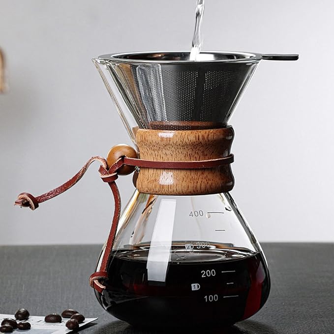 Coffee BrewerPour Over Coffee Maker 400ml Double Filter Wooden Sleeve Coffee Brewer Filter Suitable for Home Cafe Parties