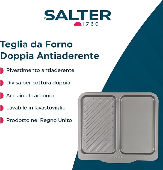 Salter Essentials Split Baking Tray – Non-Stick Coating Rectangular Dual Baking Tray Dishwasher Safe Easy to Clean Made in The UK Durable Carbon Steel Lightweight Oven Sheet PFOA-Free BW13673