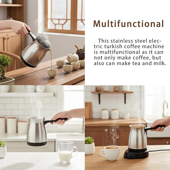 Turkish Coffee Maker 600ml Stainless Steel Turkish Coffee Pot Electric Arabic Greek Coffee Maker Machine Automatic Pot Warmer Kettle for Home Travel Office Camping and Daily Use